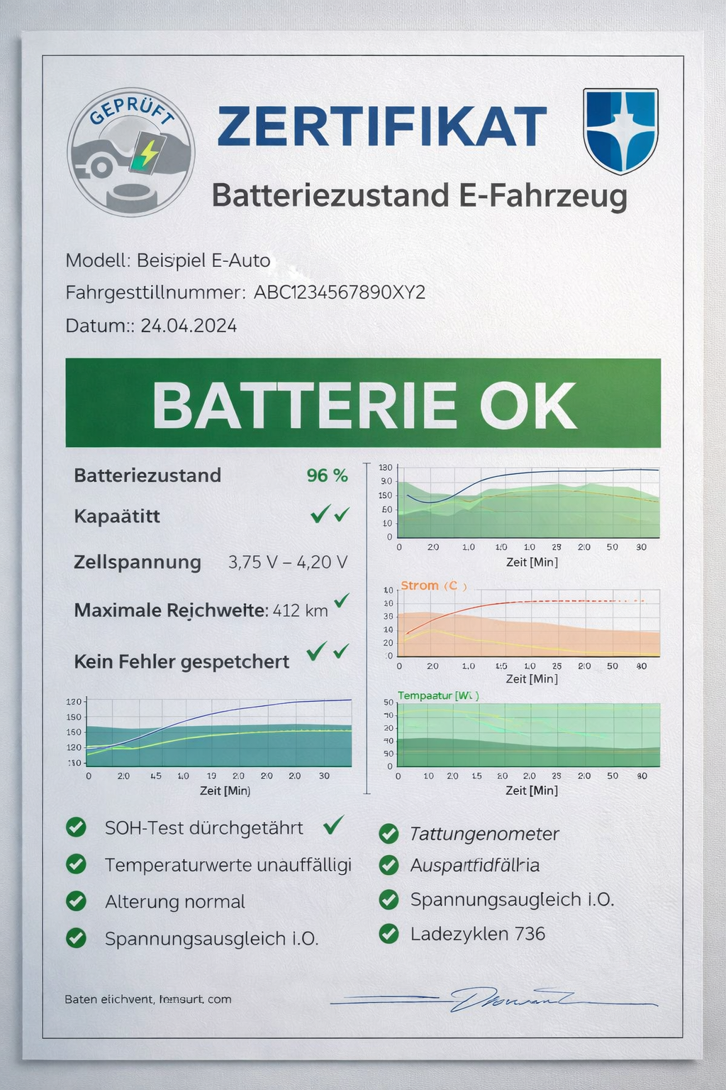 Echtes SOHTest.de Batterie-Zertifikat – Beispieldokument für den Batteriezustand eines E-Autos