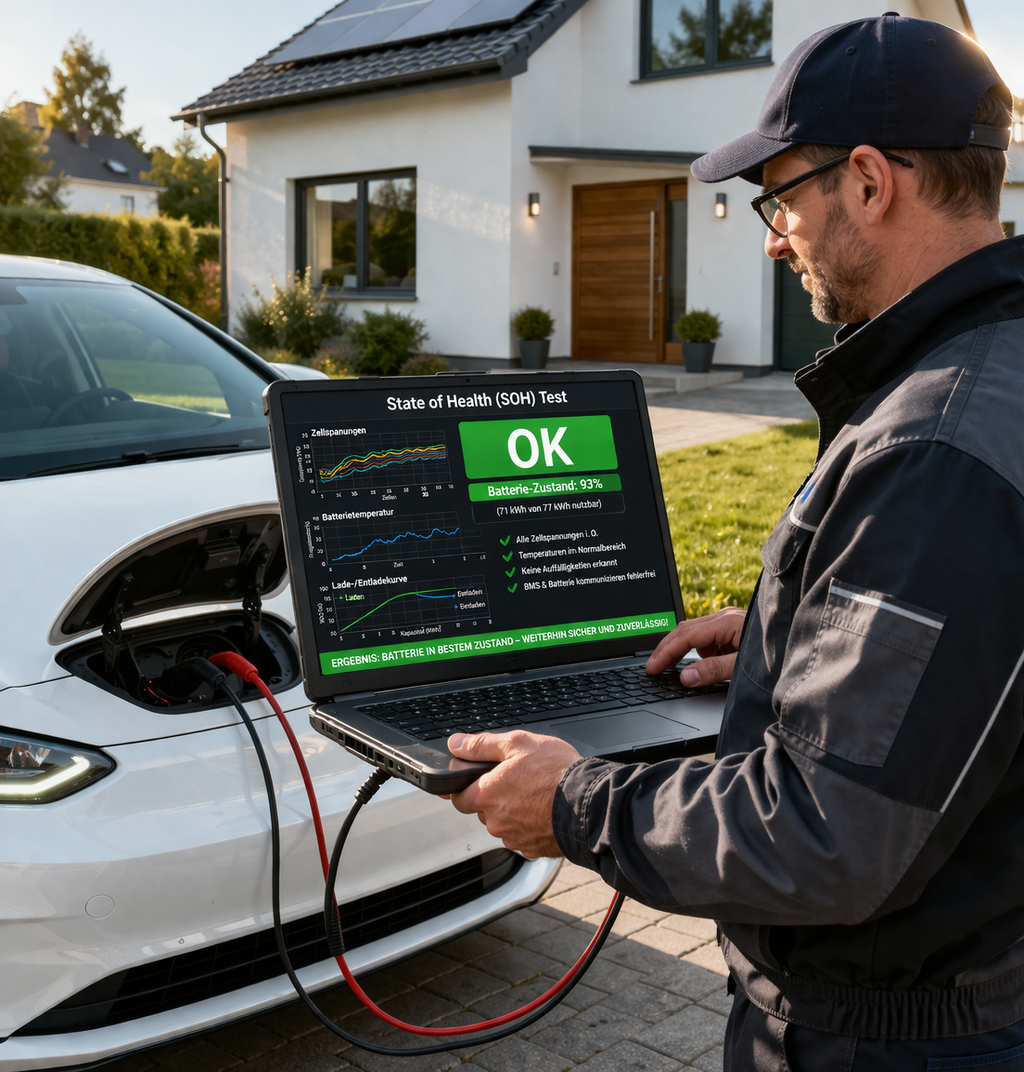 Techniker führt SOH-Batterie-Test an einem Elektroauto vor Ort durch