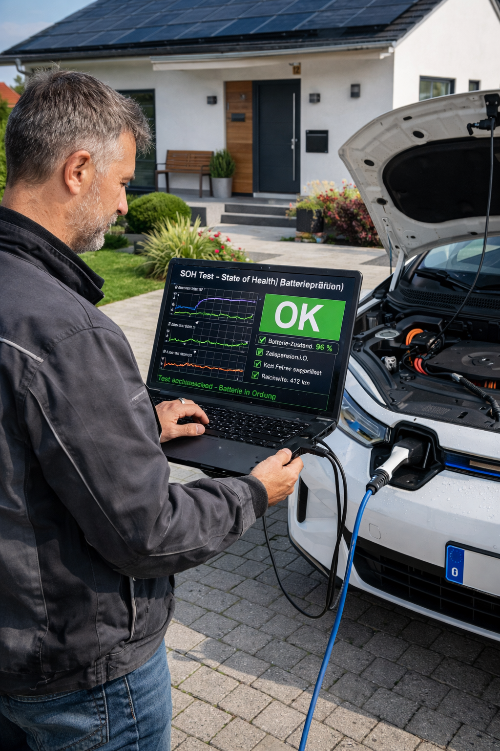 Techniker mit Laptop zeigt SOHTestergebnis an einem Elektroauto